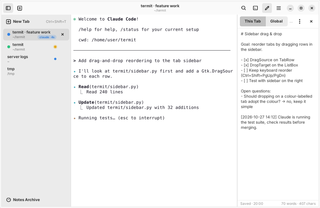 Termit window with the tab sidebar, a terminal and the notes pane